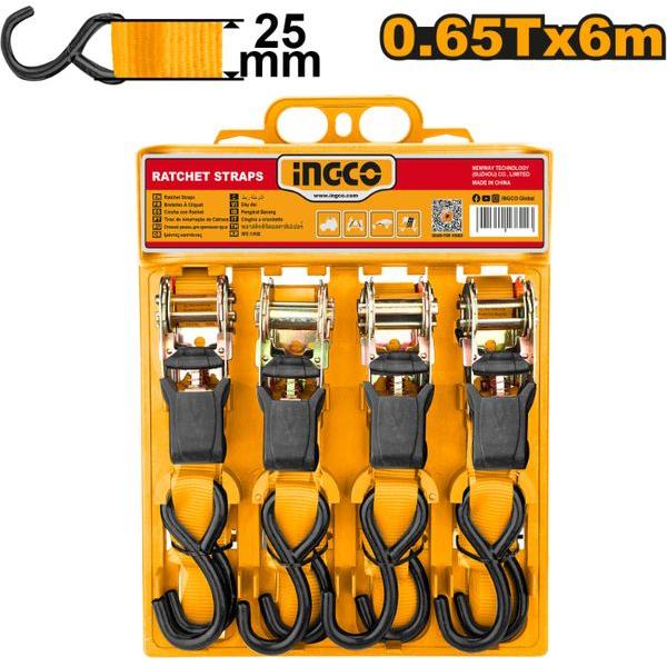Ratchet Straps 25mmx6m 0.65T 4PC Ingco